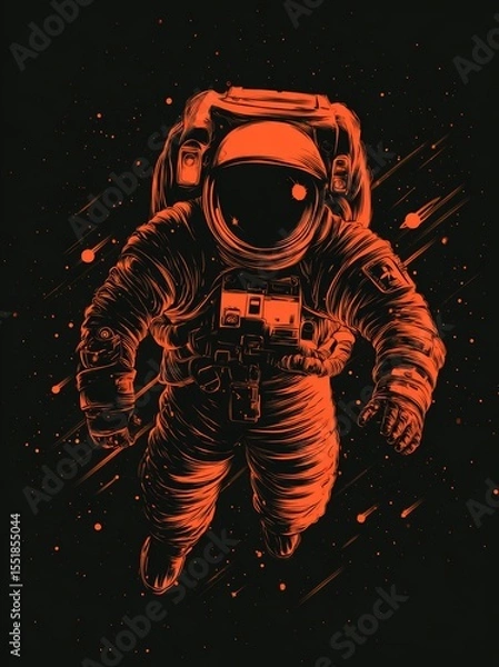 Obraz An astronaut clad in an orange suit is suspended in space amidst a backdrop of planets and stars