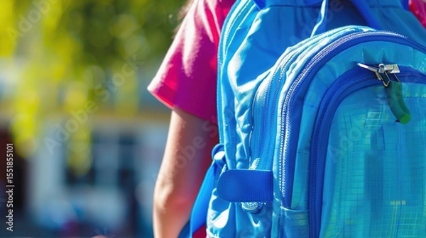 Fototapeta Close-Up of Colorful Elementary Student Backpack with School Supplies, Zipper Details and Texture for Back to School Concept, Brand Placement Space, Childhood Education Accessory