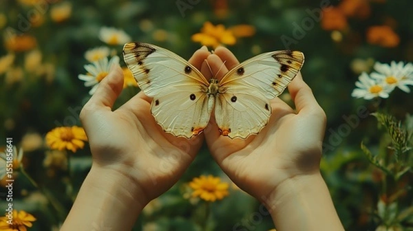 Fototapeta Delicate Butterfly in Hands Surrounded by Colorful Wildflowers