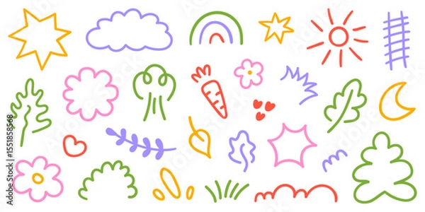 Fototapeta Set of cute colorful kids elements. Hand drawn collection of scribble doodle icon. Vector line illustration