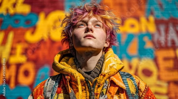 Fototapeta Gen Z nonbinary model poses in vibrant alley, bold fashion framed by graffiti and strong light, celebrating identity and urban style.