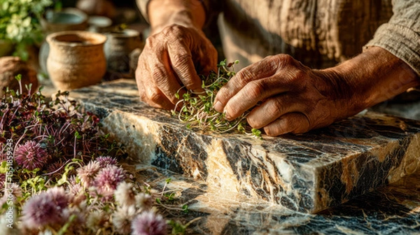 Fototapeta Top‑down of hands artfully arranging colorful microgreens on a marble surface in gentle morning light.