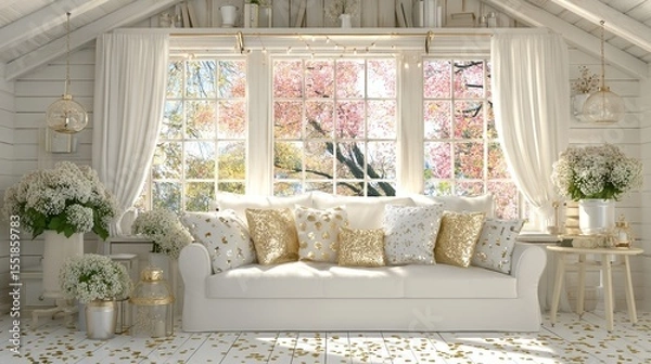 Obraz This contemporary living room is a masterclass in modern design, with its bright and airy atmosphere, stylish furniture, and decorative plants, all perfectly complemented by natural light