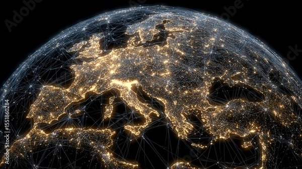 Obraz Western Europe's continent is emphasized on the dynamic digital world map as a crucial hub for AI-powered global network connectivity, enabling efficient big data transfer, innovative cyber