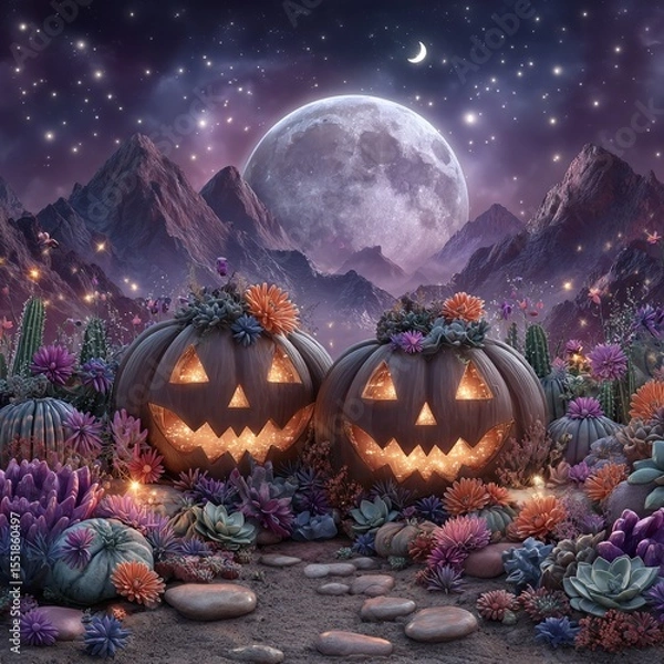 Obraz Glowing softly under the full moon, Halloween pumpkins cast spooky shadows