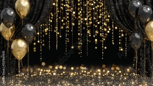 Obraz A sophisticated New Year's Eve gala setup is showcased in an elegant celebration background, complete with black and gold decorations, a glittering dance floor, and a midnight countdown
