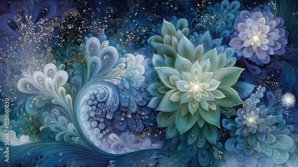 Fototapeta The name of the artwork is Abstract Biophilic Fluid Art Painting: Swirling Greens and Blues with Copy Space