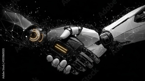 Obraz A businessman and a futuristic robot AI are engaging in a handshake, symbolizing the intersection of human expertise and technological advancement in a dynamic relationship