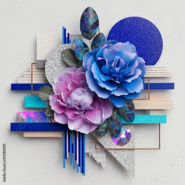 Obraz Mixed media elements, geometric shapes, and bold colors converge in vibrant abstract collage art presented on a white background