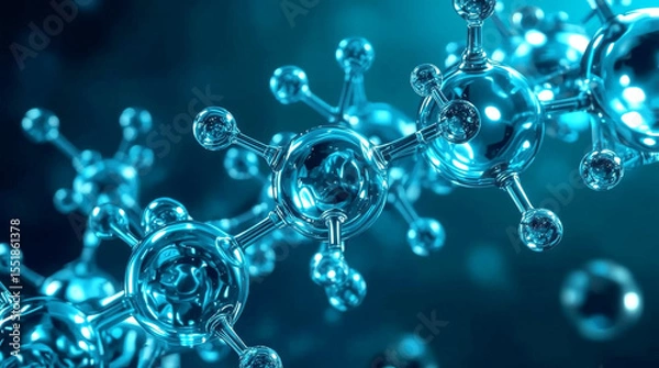 Fototapeta molecule model. Science background, molecular structure, composed of interconnected, translucent, and reflective spherical nodes and linking rods. The dominant color is clear blue