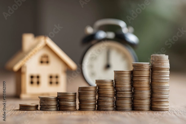 Fototapeta Stack of coins growing in size next to a wooden house model and a clock, symbolizing long-term savings and retirement planning, with copy space for economic concept