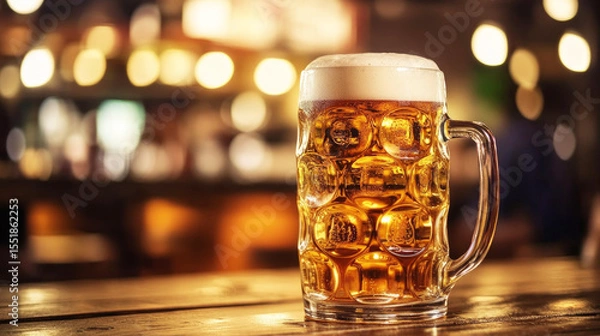 Obraz Glass of golden beer on wooden table with blurred bar in the background