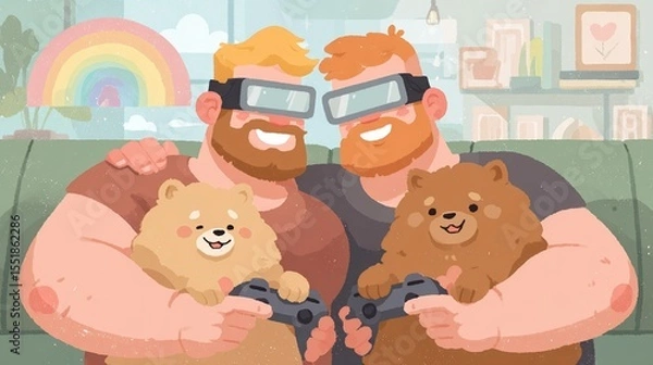 Fototapeta Two men are wearing VR headsets while laughing and playing a game, and one of them is holding a stuffed animal