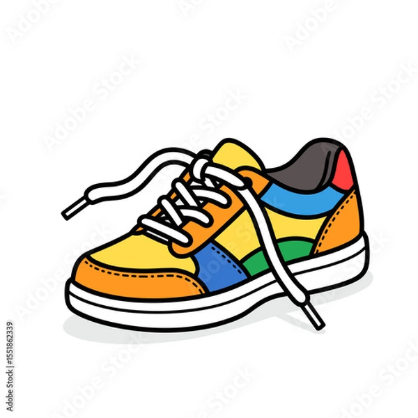 Obraz Vibrant Cartoon Sneaker with Colorful Patchwork Design and Untied Laces Illustration