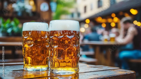 Obraz Close-up of beer glasses with fresh beer in the beer garden