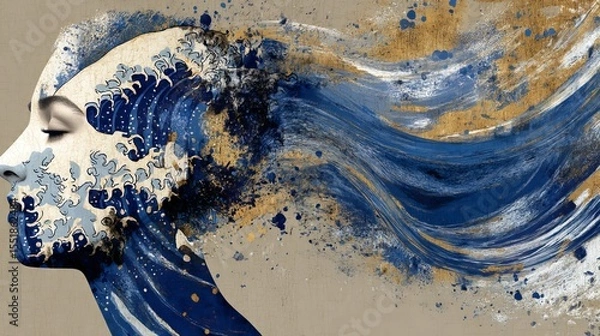 Fototapeta A double exposure portrait of a man's silhouette merged with ocean waves is used in a horizontal banner to creatively represent mental health, psychology services, and meditation retreats with a