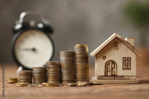 Fototapeta Stack of coins growing in size next to a wooden house model and a clock, symbolizing long-term savings and retirement planning, with copy space for economic concept
