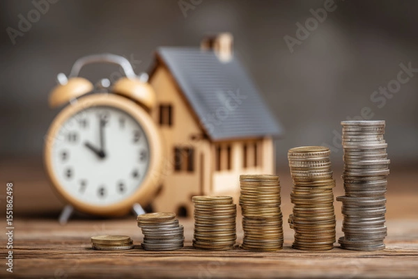 Fototapeta Stack of coins growing in size next to a wooden house model and a clock, symbolizing long-term savings and retirement planning, with copy space for economic concept