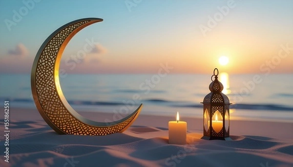 Fototapeta Traditional Candle light with Crescent moon shape on the beach, Ramadan Kareem background 2025