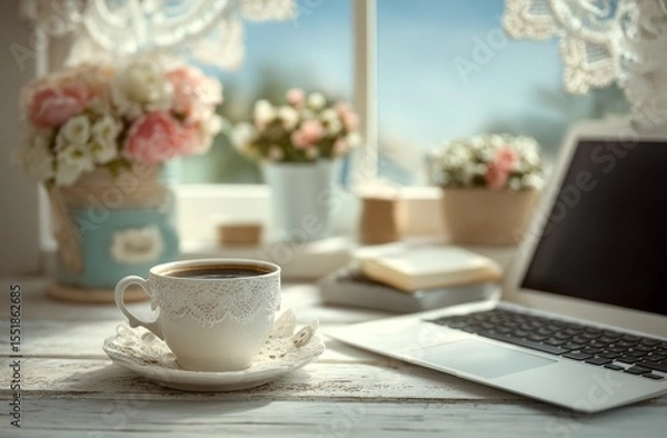 Fototapeta A cozy workspace vibe is established by the presence of a laptop, notebook, and coffee mug on a desk close to a window
