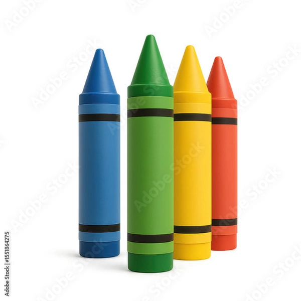 Fototapeta Vibrant Crayons: A collection of four colorful crayons in blue, green, yellow, and red, arranged to create a striking visual representation of color and creativity.