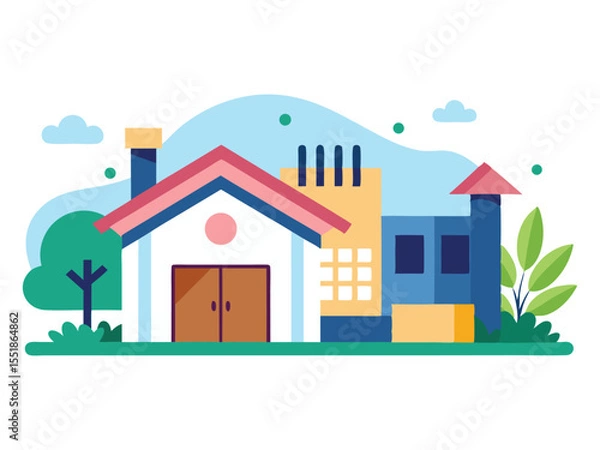 Fototapeta Stylized illustration of a modern house and factory with trees and clouds isolated on white background
