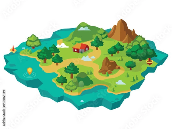 Fototapeta Stylized isometric island landscape with a house trees mountains and water isolated on white background
