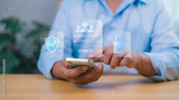 Obraz Person holding a smartphone interacts with a transparent overlay showing a login screen with security icons shield, padlock, user profiles. Online security, data protection, and user authentication.
