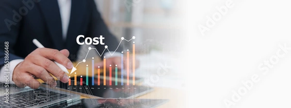 Obraz Business person uses a stylus on a tablet with a dynamic Cost graph overlay, illustrating financial analysis, management, business growth, strategic cost optimization for profitability and success.