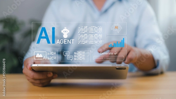 Obraz Person using a tablet to AI agent concepts, showcasing artificial intelligence assistant tools, machine learning, automation, chatbots, data analysis, smart technology for future business solutions.