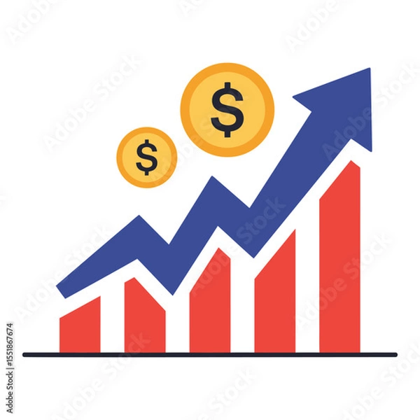 Obraz Profit Growth and Financial Success vector illustration with upward trending bar chart, arrow, and dollar coins, symbolizing business growth and investment