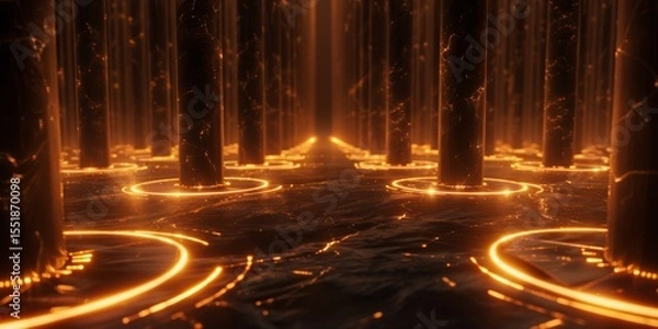 Fototapeta Glowing circles of light surround tall pillars in a dark, abstract setting, creating a captivating visual experience