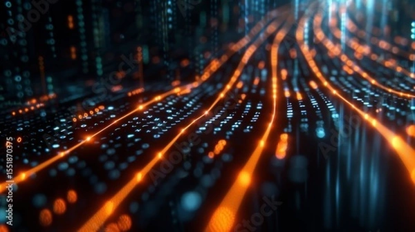 Fototapeta Digital data stream flows through vibrant pathways in a futuristic virtual environment a dark background