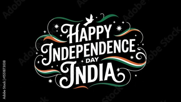 Fototapeta Happy independence day india artistic typography with decorative elements and national flag colors against a black background