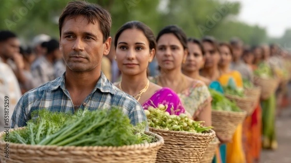Fototapeta People Waiting In Queue At Farmers Market Holding Baskets Of Fresh Vegetables