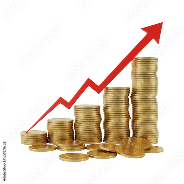 Fototapeta Gold Coin Stacks With Red Growth Arrow Isolated On A Transparent Background