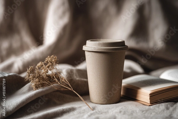 Obraz Reusable coffee cup on linen tablecloth with book and dried flower