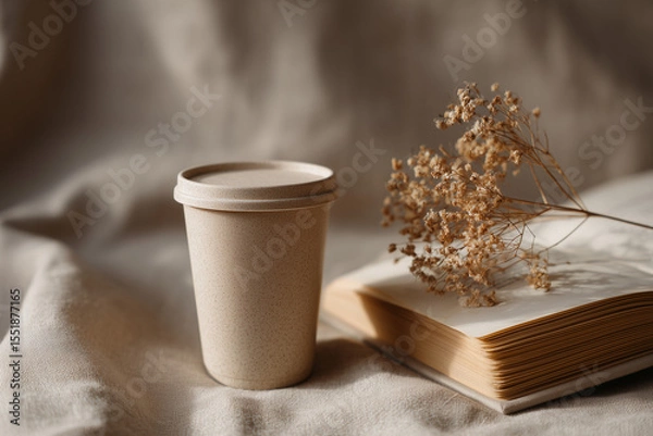 Obraz Reusable coffee cup on linen tablecloth with book and dried flower