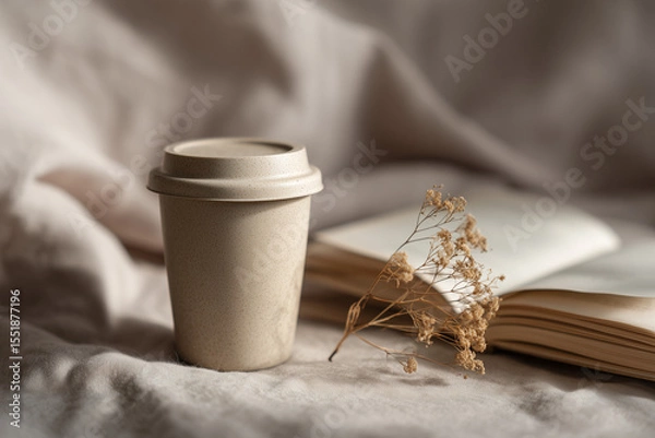 Obraz Reusable coffee cup on linen tablecloth with book and dried flower