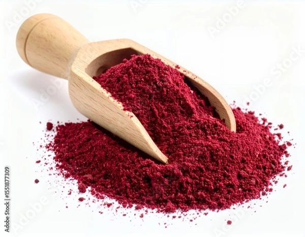 Obraz Crimson powder pigment nestled in wooden scoop offering earthy vibrancy on white background