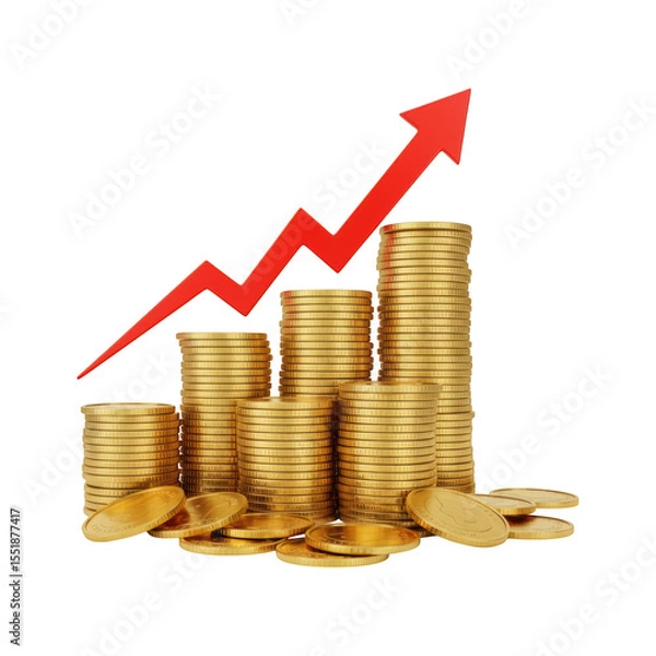 Fototapeta Gold Coin Stacks With Red Growth Arrow Isolated On A Transparent Background
