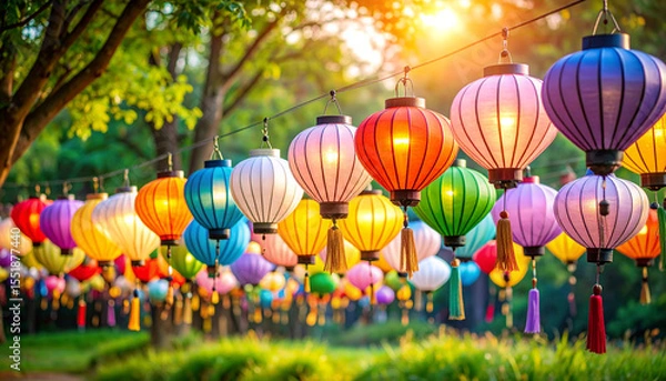 Fototapeta Colorful paper lanterns hanging outdoors during summer festival with sunlight shining through green trees and grass, creating warm and festive atmosphere
