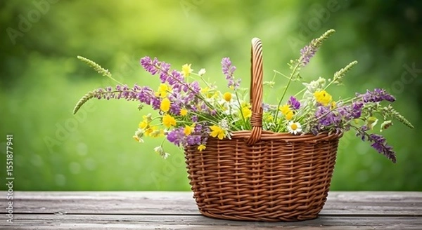 Fototapeta flowers bouquet in wicker basket on table in garden, abstract natural green background. spring, summer season. rustic still life with meadow flowers. template for design. copy space