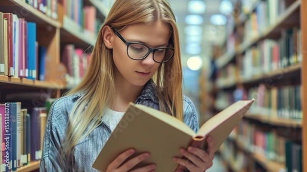 Fototapeta Teenage girl wearing glasses concentrated reading book in library with bookshelves background, education concept featuring natural lighting and quiet study atmosphere, shallow depth of field