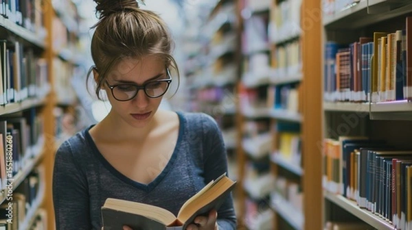 Fototapeta Teenage girl wearing glasses concentrated reading book in library with bookshelves background, education concept featuring natural lighting and quiet study atmosphere, shallow depth of field