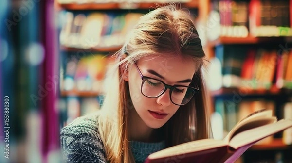 Fototapeta Teenage girl wearing glasses concentrated reading book in library with bookshelves background, education concept featuring natural lighting and quiet study atmosphere, shallow depth of field