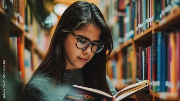 Fototapeta Teenage girl wearing glasses concentrated reading book in library with bookshelves background, education concept featuring natural lighting and quiet study atmosphere, shallow depth of field
