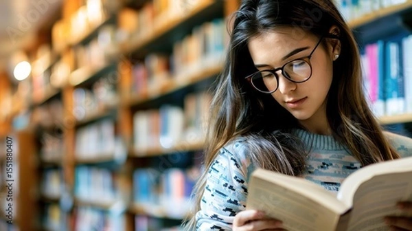 Fototapeta Teenage girl wearing glasses concentrated reading book in library with bookshelves background, education concept featuring natural lighting and quiet study atmosphere, shallow depth of field