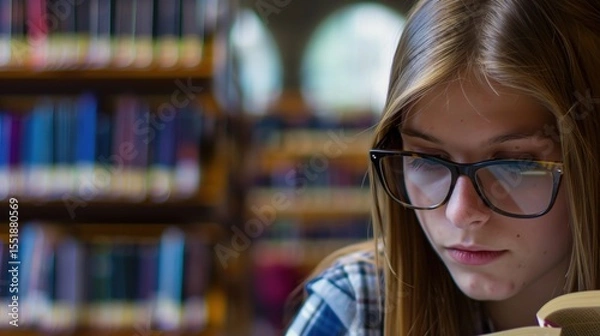Fototapeta Teenage girl wearing glasses concentrated reading book in library with bookshelves background, education concept featuring natural lighting and quiet study atmosphere, shallow depth of field