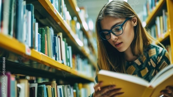 Fototapeta Teenage girl wearing glasses concentrated reading book in library with bookshelves background, education concept featuring natural lighting and quiet study atmosphere, shallow depth of field